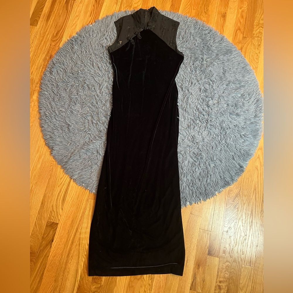 Betsy & Adam Black Velvet Maxi Dress with Embellished Sheer Yoke Qipao